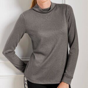 T BY TALBOTS Sparkling Supersoft Jersey Mockneck Tee Gray Grey Silver Top PETITE